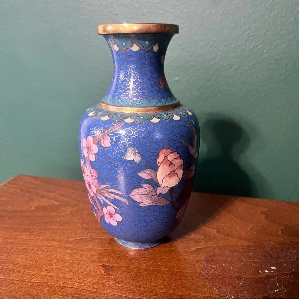 Vintage Chinese Cloisonne Bud Vase Blue Pink Gold Enamel Floral Peony Bird 6